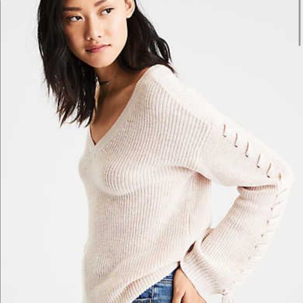 AE Laced Tie-Sleeve V-Neck Sweater